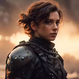 a young woman wearing armor stands in a desert