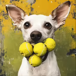 the chihuahua is holding a tennis ball in its mouth