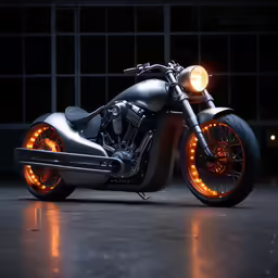 a black motorcycle with wheels that are glowing in the dark