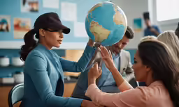 a woman holding a globe at a table while other women sit down and watch