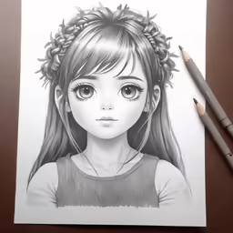 a black and white drawing of a young girl