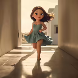 an animated doll walking along a corridor