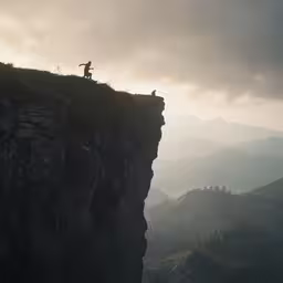 two people stand at the edge of a cliff as they watch a person climb on the edge