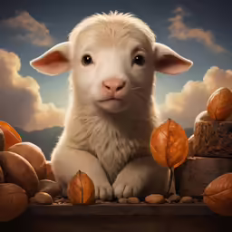 a baby lamb sitting in some pebbles with leaves