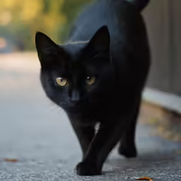 black cat walking down a paved street with its front paws on the ground