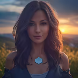 an attractive woman standing with a very dramatic sunset behind her