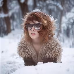 a red haired woman wearing winter clothing and glasses