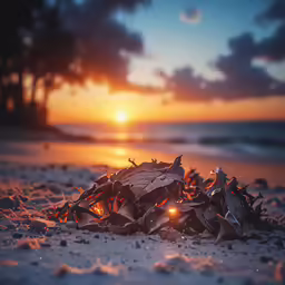 a pile of debris sitting on top of a sandy beach