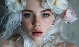 a woman with white hair and flowers on her head