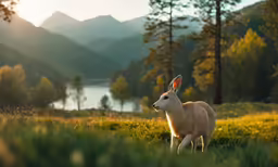 a brown and white animal standing on a lush green field