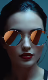 a woman with dark red lipstick and large sunglasses