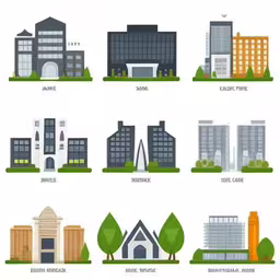 various types of buildings and homes,six houses and buildings in four separate images