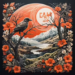 an orange circle with a bird sitting on top of a tree