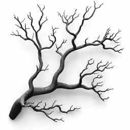 a black and white tree that has its branches hanging down