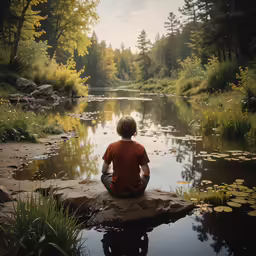 a boy sitting on rocks near water looking at the trees
