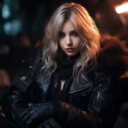 a woman with blonde hair is wearing black leather,the beautiful blonde girl is wearing a leather jacket