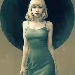 an image of a woman in a green dress posing