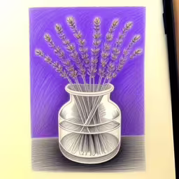 a drawing of a vase with a pair of reeds in it,a drawing of a vase with lavenders in it,a pencil drawing of a flower vase in which the flowers are arranged,this is a drawing of a vase with some flowers,a drawing of lavenders in a vase on a white surface