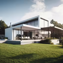 a house on a green lawn with a lawn chair