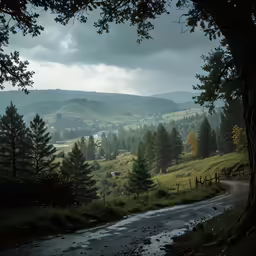 a stream with trees and mountains on the other side