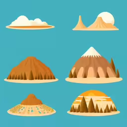 a variety of stylized mountain and cloud images,a cartoon illustration of the different mountains in a group
