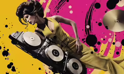 there is a woman with musical equipment on top of it