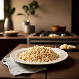 a plate full of corn on a table with a pot behind it