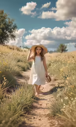 a girl wearing a sun hat walks down a dirt road