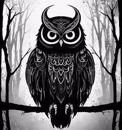 an owl sits on top of a branch in the forest,an owl with large eyes is sitting on a branch in the woods