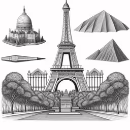 a drawing of the eiffel tower with its four sides and four planes on top