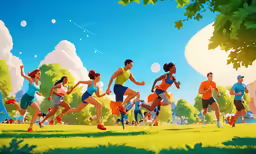 a group of people are running in a park
