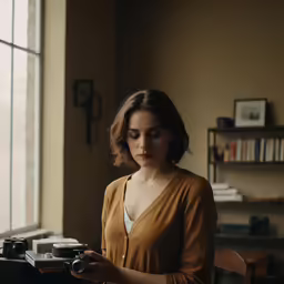 a woman holding up a camera next to a window