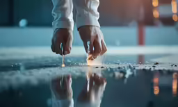 a person touching a piece of silver on top of a reflective surface