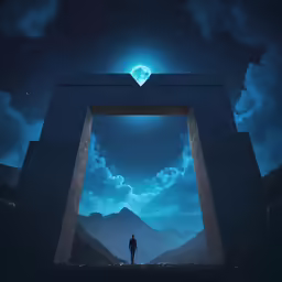 a person standing inside of a tunnel under a moon filled sky