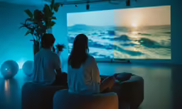 a couple sitting in chairs watching television at a beach