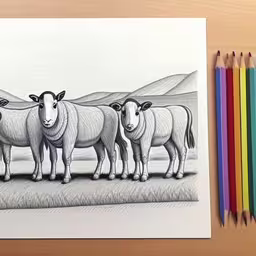 the drawing shows three cows standing in a row,a drawing of three sheep with their babies