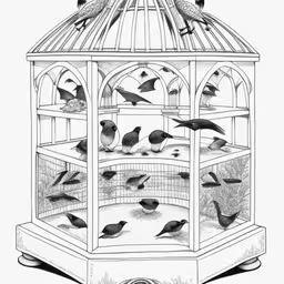 a drawing shows birds in a cage as it flies in the sky,a drawing of birds sitting inside a large birdcage