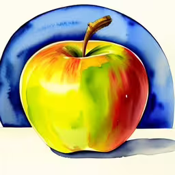 a painting of an apple with a white background,watercolor and ink drawing of an apple on a blue plate