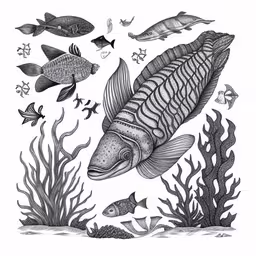 an ocean animal drawing is shown,fish and seaweed underwater scene black and white illustration