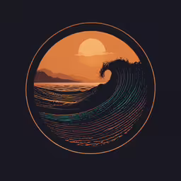 a painting of a wave in the middle of the ocean,an abstract artwork depicting waves in a yellow circular