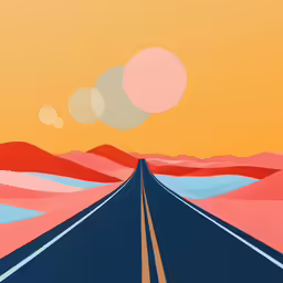 painting with a road in the middle, red and orange colors
