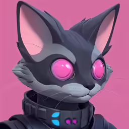 a gray cat with pink eyes wearing a black leather collar