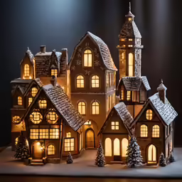 there is a small town with lit houses