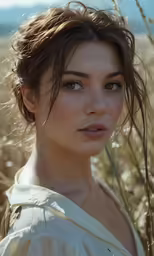 a woman standing in a field of tall dry grass