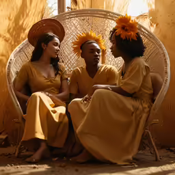 three women sitting on a chair wearing sunflower hats