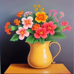 /tmp/FOOLtYjdO.jpg = the painting has a yellow pitcher with colorful flowers inside
,/tmp/FOOLtYjdO.jpg = a painting of flowers in a yellow vase
,/tmp/FOOLtYjdO.jpg = a painting of a vase with colorful flowers
,/tmp/FOOLtYjdO.jpg = the colorful flowers in this yellow vase are very colorful
,/tmp/FOOLtYjdO.jpg = a painting of flowers in a pitcher sitting on top of a wooden table
,/tmp/FOOLtYjdO.jpg = a painting of orange, red and pink flowers in a yellow vase
,/tmp/FOOLtYjdO.jpg = a painting of a yellow vase with lots of colorful flowers in it
