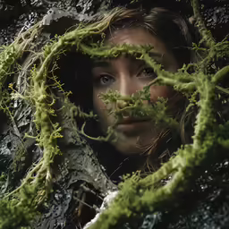 a woman behind a tree covered in green moss
