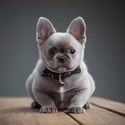 a small grey french bulldog sitting on a wooden table