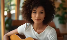 a woman sitting down with a guitar