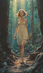 a young woman walking in the woods wearing a tan dress